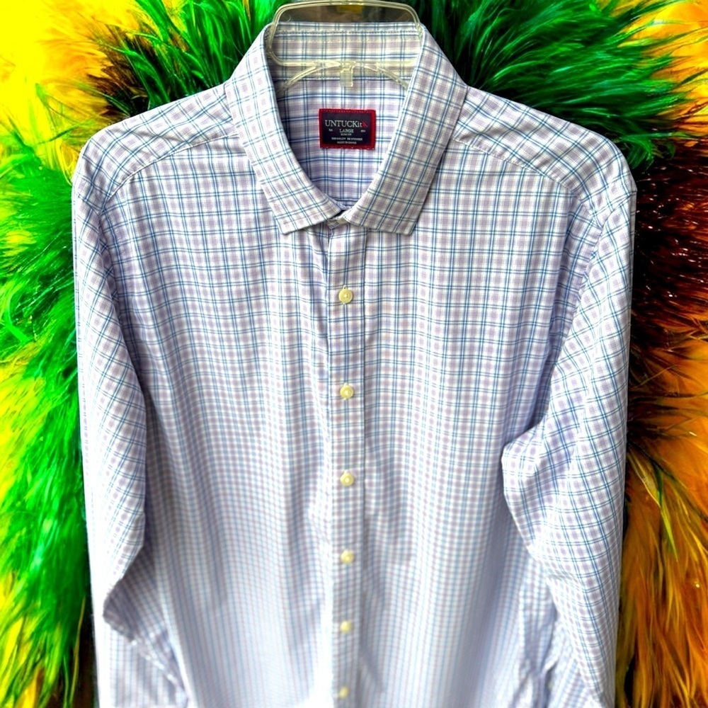 UNTUCKit Men's L Blue Plaid Long Sleeve Button-Up Shirt Casual